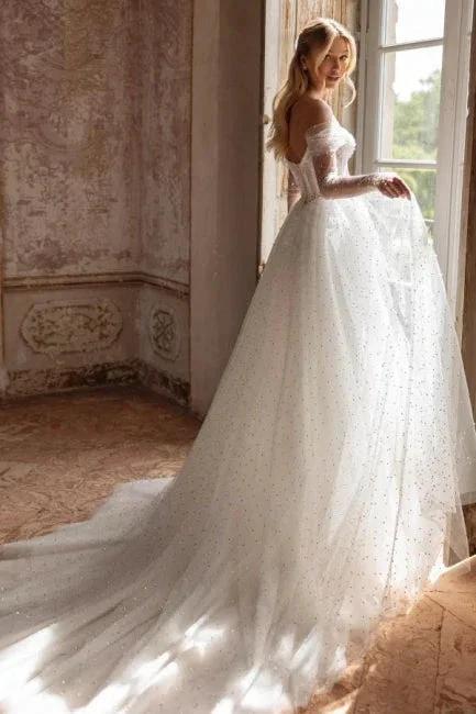 Elegant Long White A-line Off-the-shoulder Tulle Rhinestones Pearls Wedding Dress by misshow.com