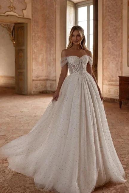 Elegant Long White A-line Off-the-shoulder Tulle Rhinestones Pearls Wedding Dress by misshow.com