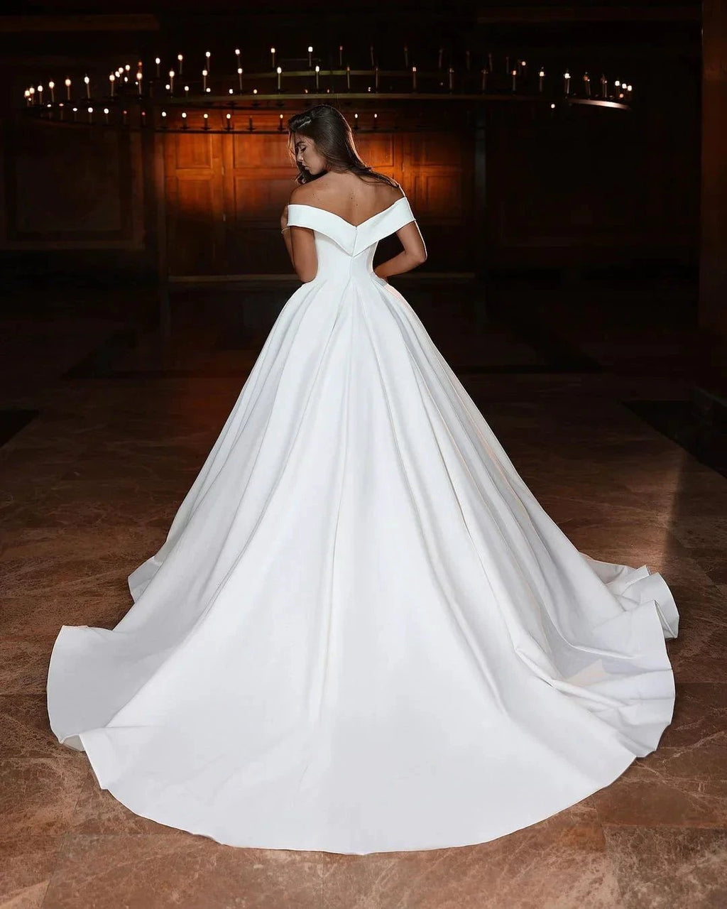 Elegant Long White A-line Off-the-shoulder V-neck Satin Wedding Dress by misshow.com