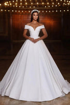 Elegant Long White A-line Off-the-shoulder V-neck Satin Wedding Dress by misshow.com