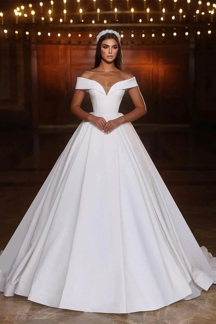 Elegant Long White A-line Off-the-shoulder V-neck Satin Wedding Dress by misshow.com