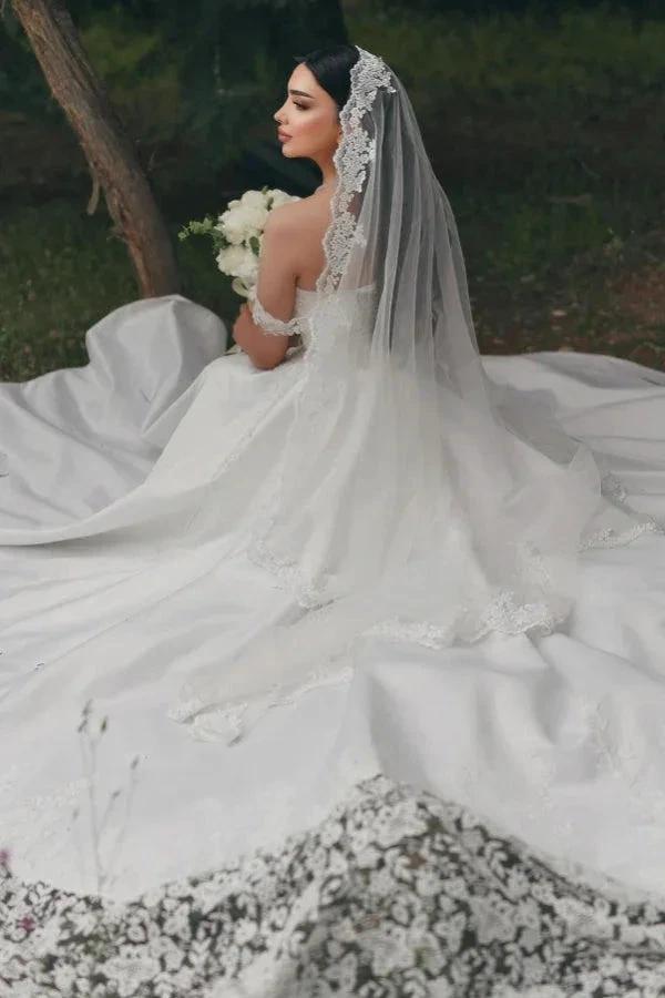 Elegant Long White A-line Sweetheart Off-the-shoulder Lace Wedding Dress by misshow.com