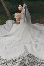 Elegant Long White A-line Sweetheart Off-the-shoulder Lace Wedding Dress by misshow.com