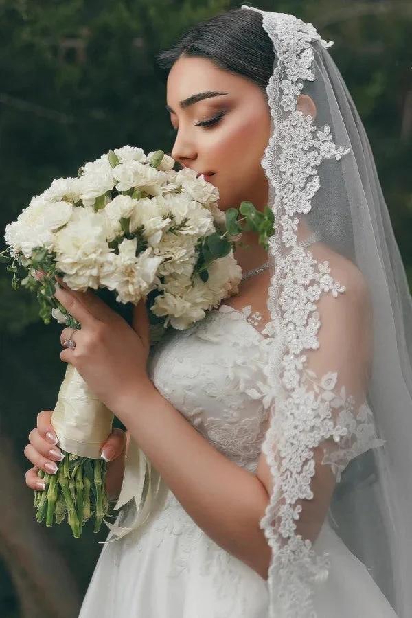 Elegant Long White A-line Sweetheart Off-the-shoulder Lace Wedding Dress by misshow.com