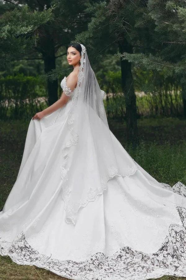 Elegant Long White A-line Sweetheart Off-the-shoulder Lace Wedding Dress by misshow.com