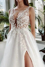 Elegant Long White A-line V-neck Lace Glitter Backless Wedding Dress with Slit by misshow.com