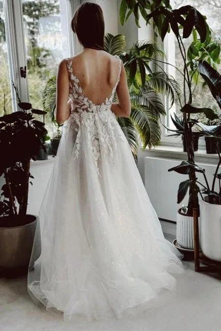Elegant Long White A-line V-neck Lace Glitter Backless Wedding Dress with Slit by misshow.com