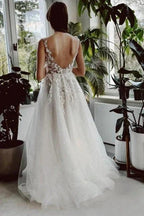 Elegant Long White A-line V-neck Lace Glitter Backless Wedding Dress with Slit by misshow.com