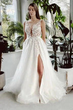 Elegant Long White A-line V-neck Lace Glitter Backless Wedding Dress with Slit by misshow.com