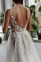 Elegant Long White A-line V-neck Lace Glitter Backless Wedding Dress with Slit by misshow.com