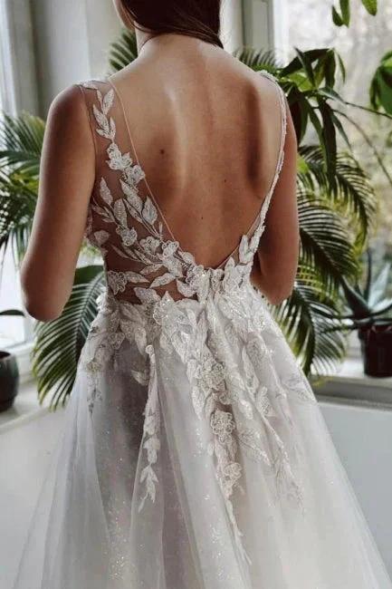 Elegant Long White A-line V-neck Lace Glitter Backless Wedding Dress with Slit by misshow.com