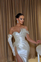 Elegant Long White Mermaid Glitter Sleeveless Prom Dresses With Slit by misshow.com