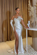 Elegant Long White Mermaid Glitter Sleeveless Prom Dresses With Slit by misshow.com