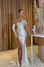 Elegant Long White Mermaid Glitter Sleeveless Prom Dresses With Slit by misshow.com