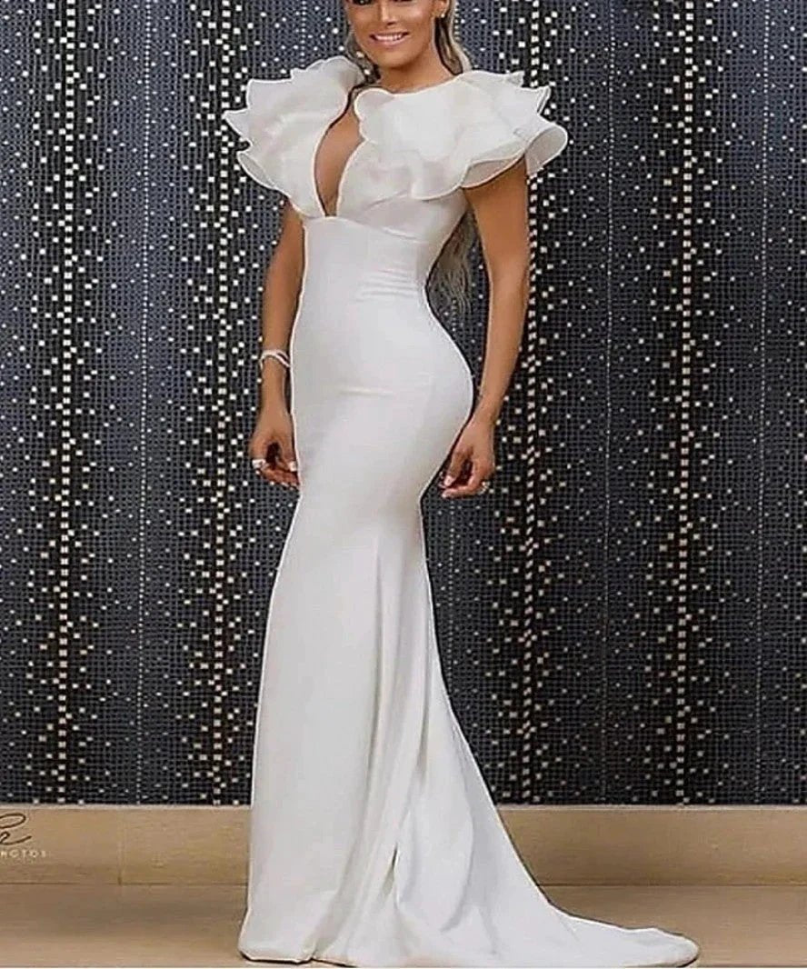 Elegant Long White Mermaid V-neck Sleeveless Prom Dress With Ruffles by misshow.com