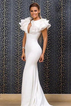 Elegant Long White Mermaid V-neck Sleeveless Prom Dress With Ruffles by misshow.com