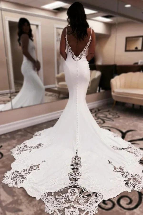 Elegant Long White Mermaid V-neck Spaghetti Straps Backless Wedding Dress with Lace by misshow.com
