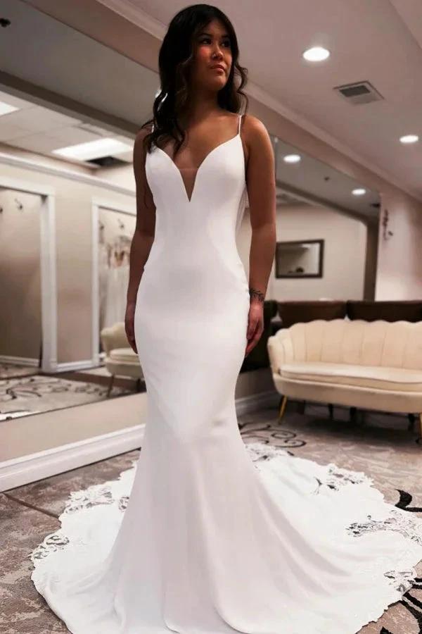 Elegant Long White Mermaid V-neck Spaghetti Straps Backless Wedding Dress with Lace by misshow.com