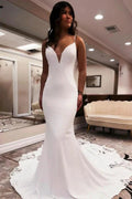 Elegant Long White Mermaid V-neck Spaghetti Straps Backless Wedding Dress with Lace by misshow.com