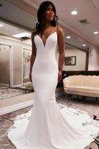 Elegant Long White Mermaid V-neck Spaghetti Straps Backless Wedding Dress with Lace by misshow.com