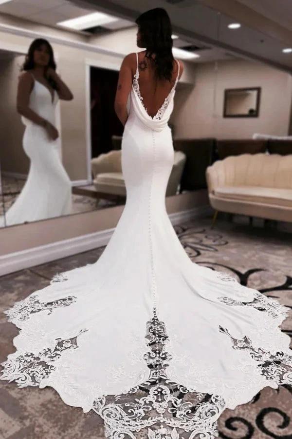 Elegant Long White Mermaid V-neck Spaghetti Straps Backless Wedding Dress with Lace by misshow.com