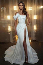 Elegant Long White One Shoulder Sleeveless Mermaid Wedding Dresses With Glitter by misshow.com