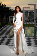 Elegant Long White One Shoulder Sleeveless Prom Dress With Pearls by misshow.com