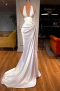 Elegant Long White V-neck Sequined Sleeveless Mermaid Prom Dress by misshow.com