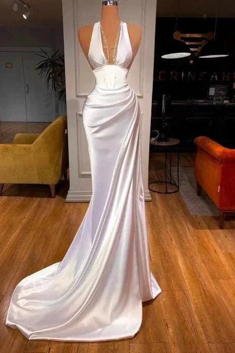 Elegant Long White V-neck Sequined Sleeveless Mermaid Prom Dress by misshow.com