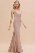 Elegant Mermaid Evening Party Dress Sleeveless V-neck Silk Slim Prom Gown by misshow.com