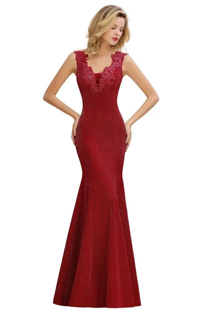 Elegant Mermaid Evening Party Dress Sleeveless V-neck Silk Slim Prom Gown by misshow.com