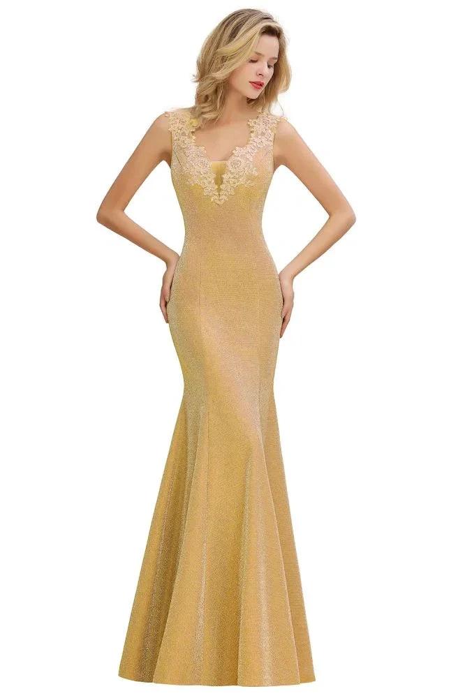 Elegant Mermaid Evening Party Dress Sleeveless V-neck Silk Slim Prom Gown by misshow.com