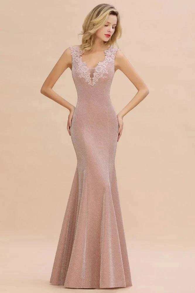 Elegant Mermaid Evening Party Dress Sleeveless V-neck Silk Slim Prom Gown by misshow.com