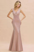 Elegant Mermaid Evening Party Dress Sleeveless V-neck Silk Slim Prom Gown by misshow.com