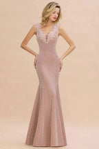 Elegant Mermaid Evening Party Dress Sleeveless V-neck Silk Slim Prom Gown by misshow.com