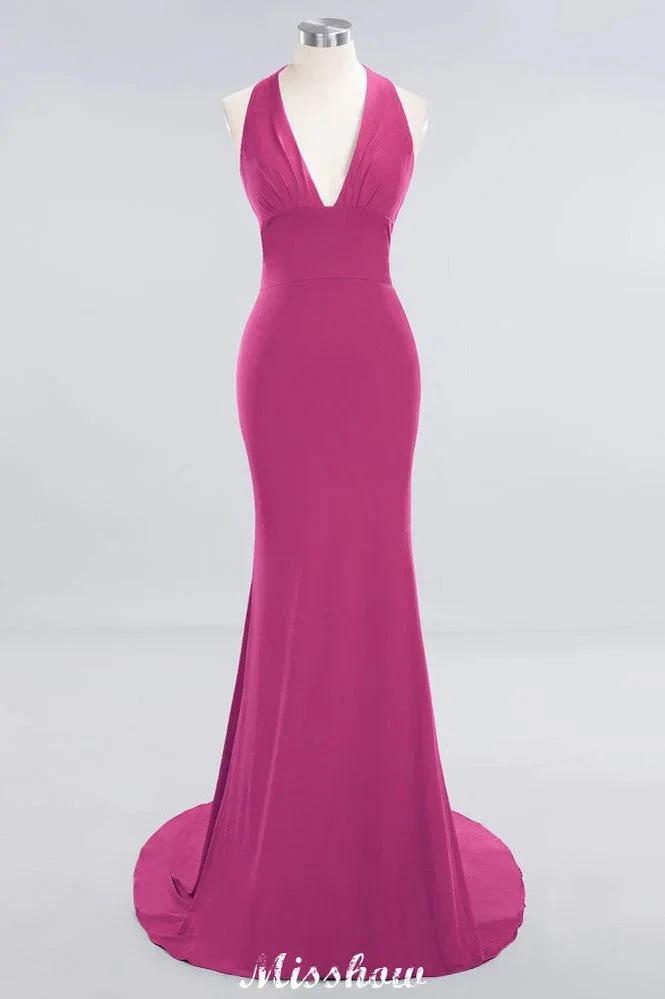 Elegant Mermaid Halter Evening Dress Simple Sleeveless Floor Length Party Gown by misshow.com