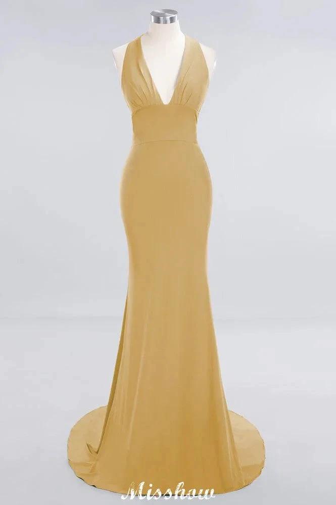 Elegant Mermaid Halter Evening Dress Simple Sleeveless Floor Length Party Gown by misshow.com