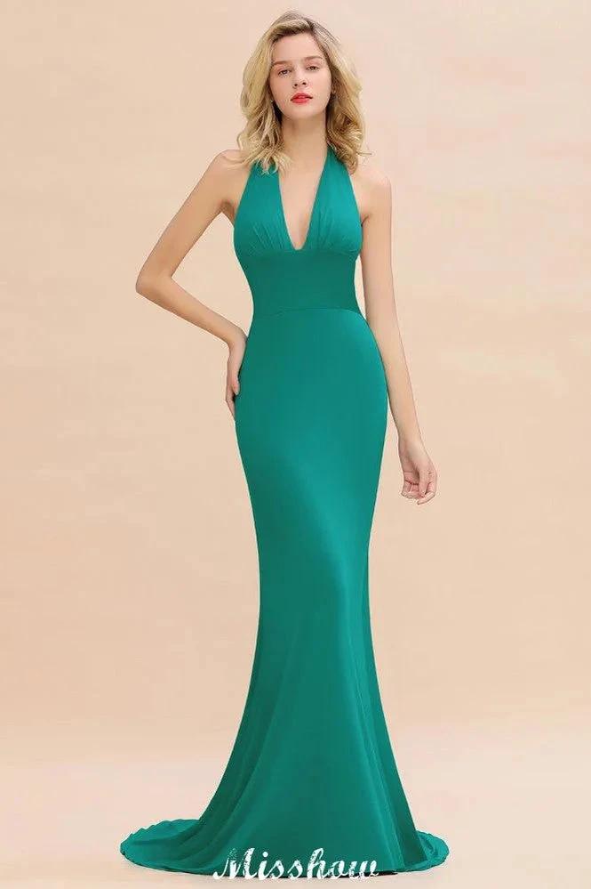 Elegant Mermaid Halter Evening Dress Simple Sleeveless Floor Length Party Gown by misshow.com