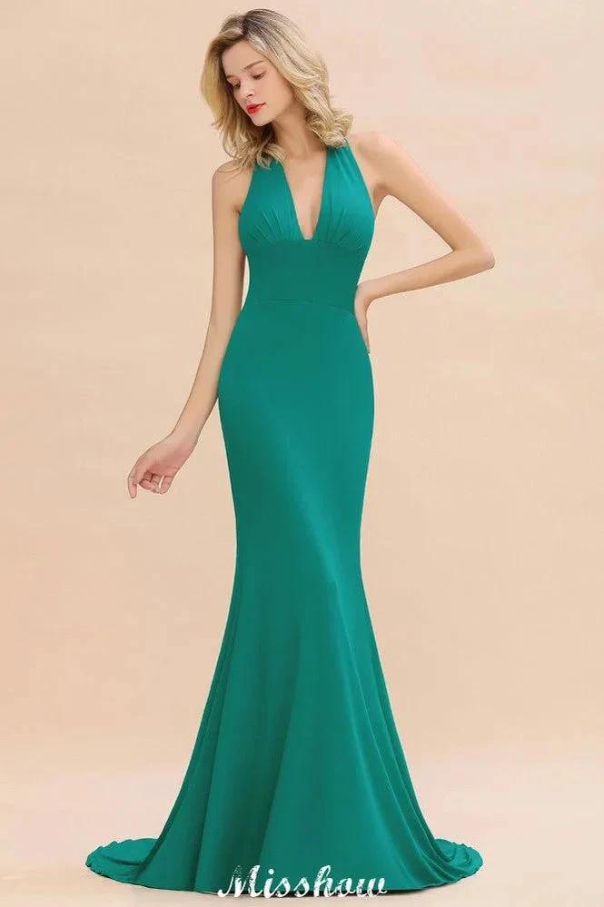 Elegant Mermaid Halter Evening Dress Simple Sleeveless Floor Length Party Gown by misshow.com
