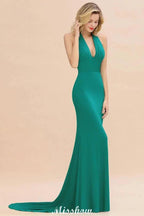 Elegant Mermaid Halter Evening Dress Simple Sleeveless Floor Length Party Gown by misshow.com