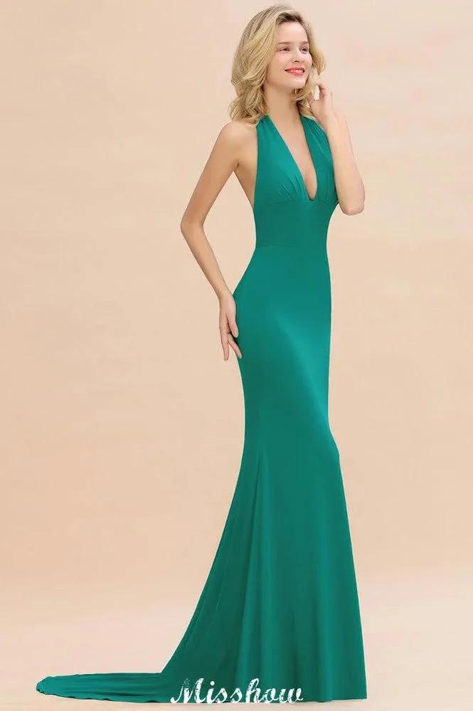 Elegant Mermaid Halter Evening Dress Simple Sleeveless Floor Length Party Gown by misshow.com