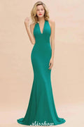 Elegant Mermaid Halter Evening Dress Simple Sleeveless Floor Length Party Gown by misshow.com