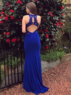 Elegant Mermaid Lace Backless Long Prom Dresses Royal Blue Formal Evening Gowns by BIZTUNNEL