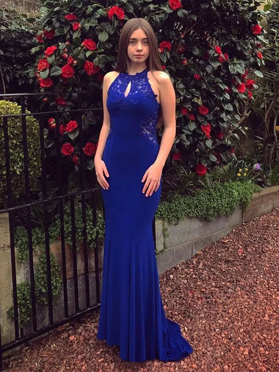 Elegant Mermaid Lace Backless Long Prom Dresses Royal Blue Formal Evening Gowns by BIZTUNNEL