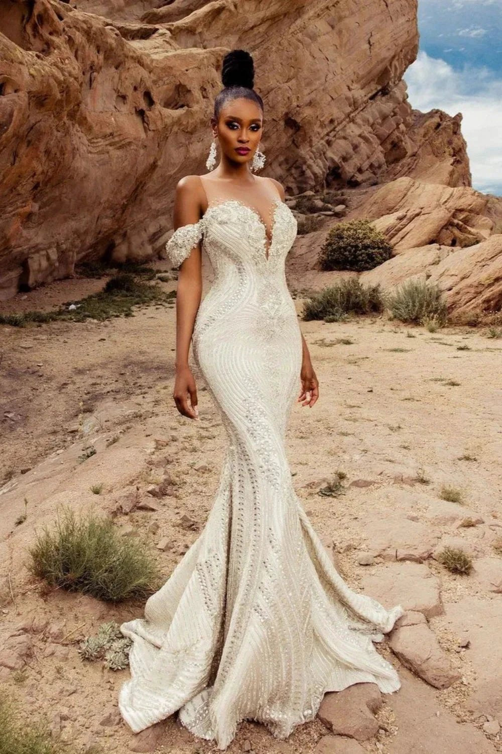 Elegant Mermaid Lace Off-The-Shoulder Sleeveless White Wedding Dresses With Beading by misshow.com