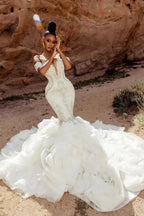 Elegant Mermaid Lace Off-The-Shoulder Sleeveless White Wedding Dresses With Beading by misshow.com