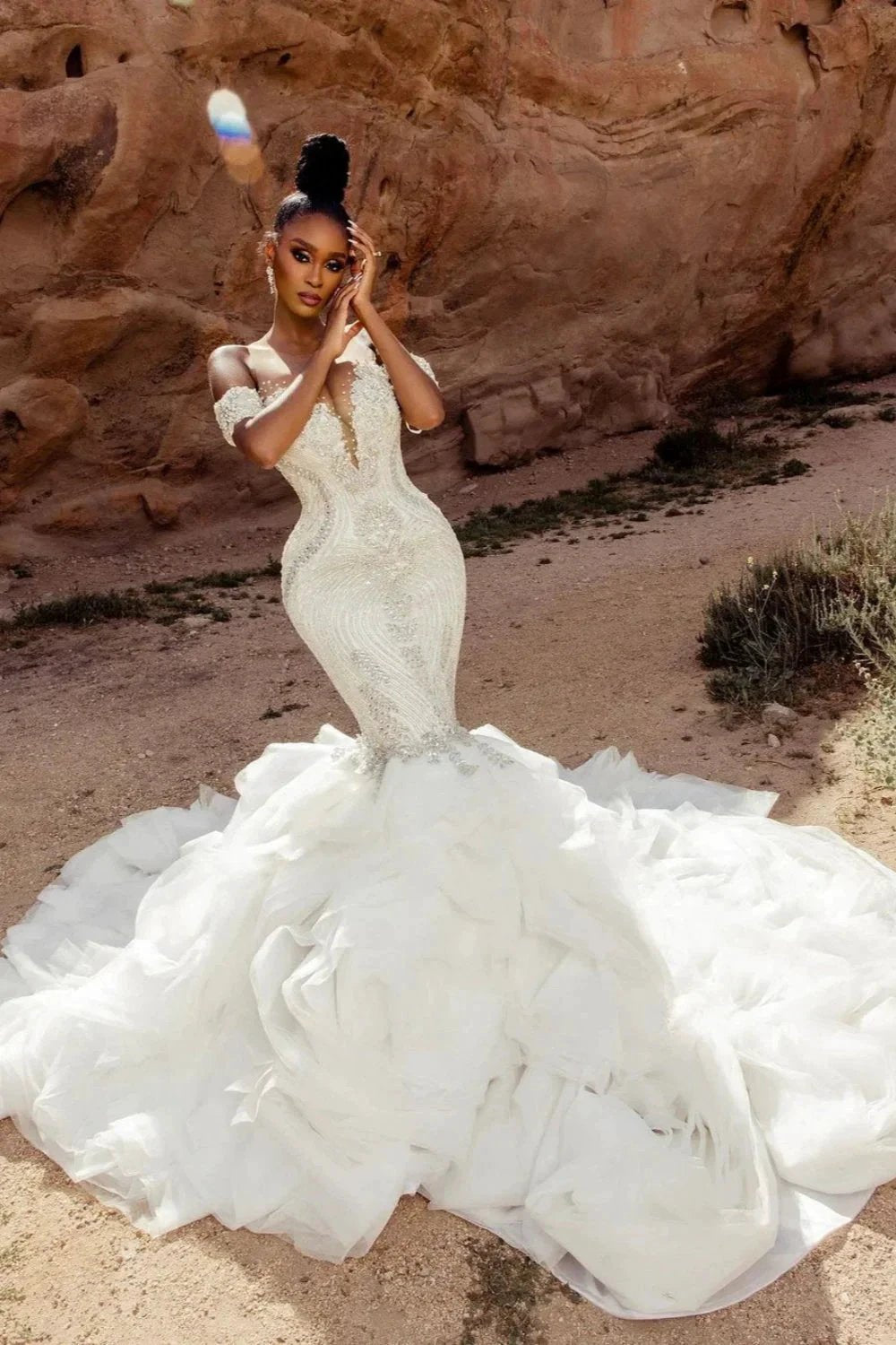 Elegant Mermaid Lace Off-The-Shoulder Sleeveless White Wedding Dresses With Beading by misshow.com