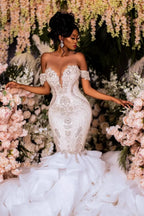 Elegant Mermaid Lace Off-The-Shoulder Sleeveless White Wedding Dresses With Beading by misshow.com