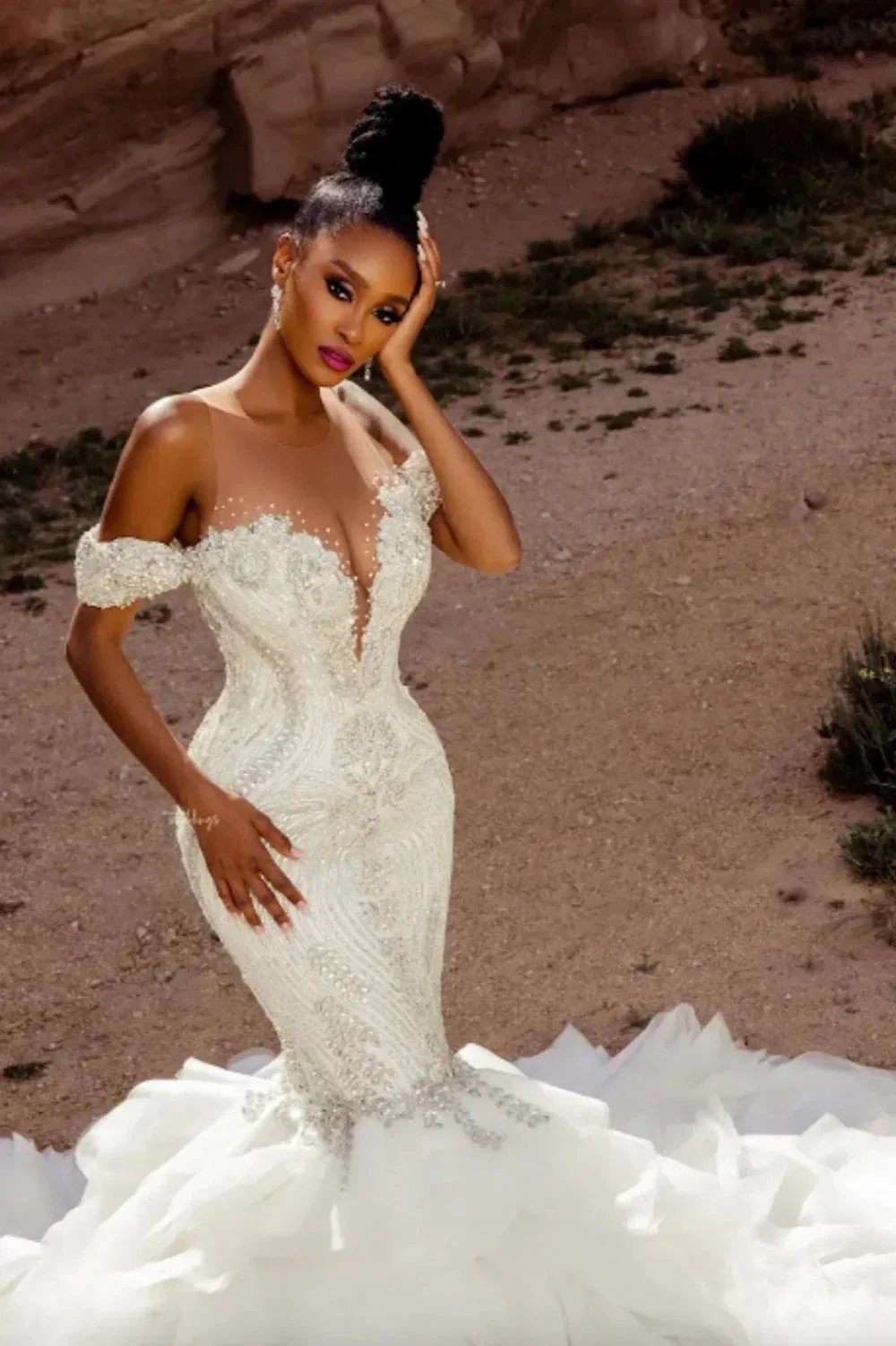 Elegant Mermaid Lace Off-The-Shoulder Sleeveless White Wedding Dresses With Beading by misshow.com
