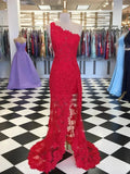 Elegant Mermaid One Shoulder Lace Long Prom Dresses with High Slit by BIZTUNNEL